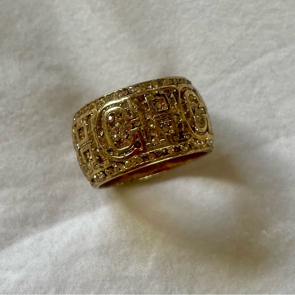 Rare Vintage Carolina Herrera Logo Ring .925 Silver Gold Plated With Crystals